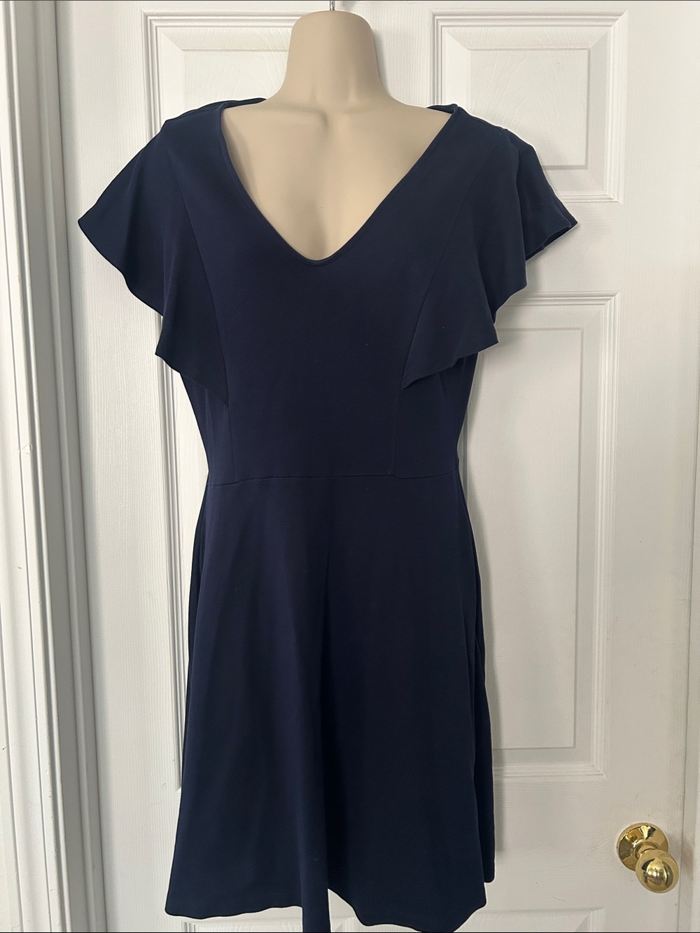 New York & Company Navy V-Neck Flutter Sleeve Dress